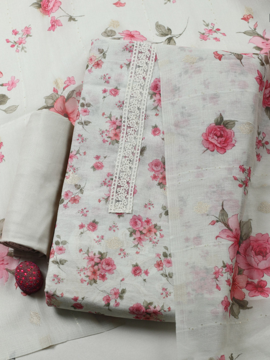 Embroidered Linen Blend Unstitched Suit With Pant &amp; Dupatta