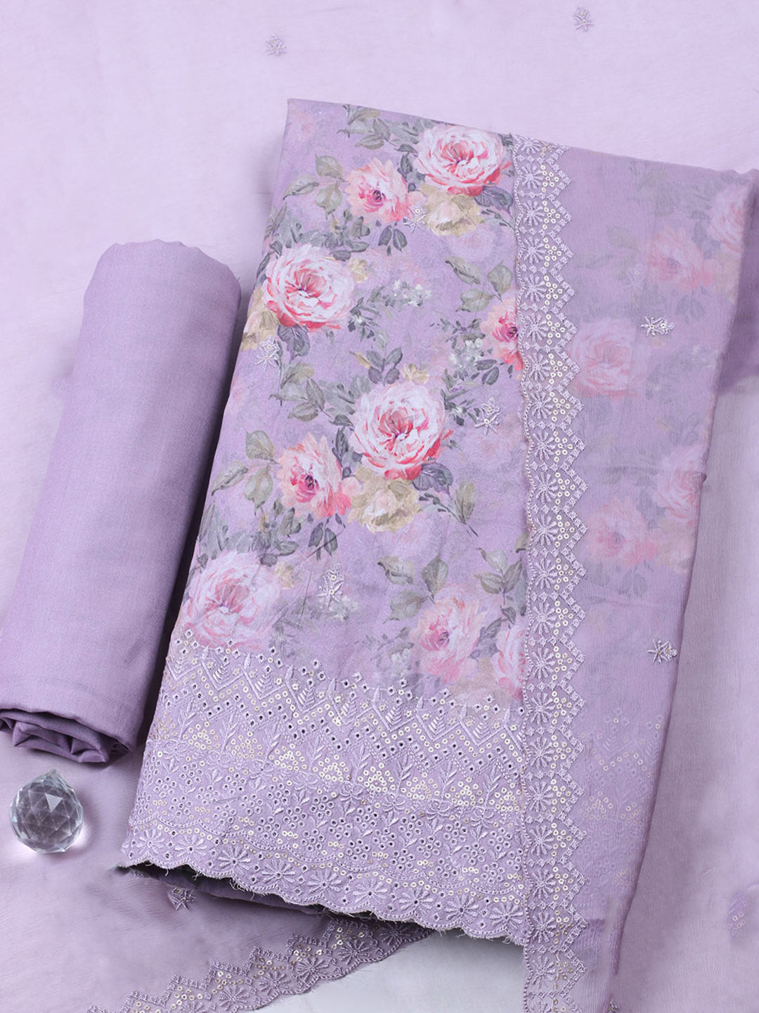 Embroidered Chanderi Unstitched Suit With Pant &amp; Dupatta