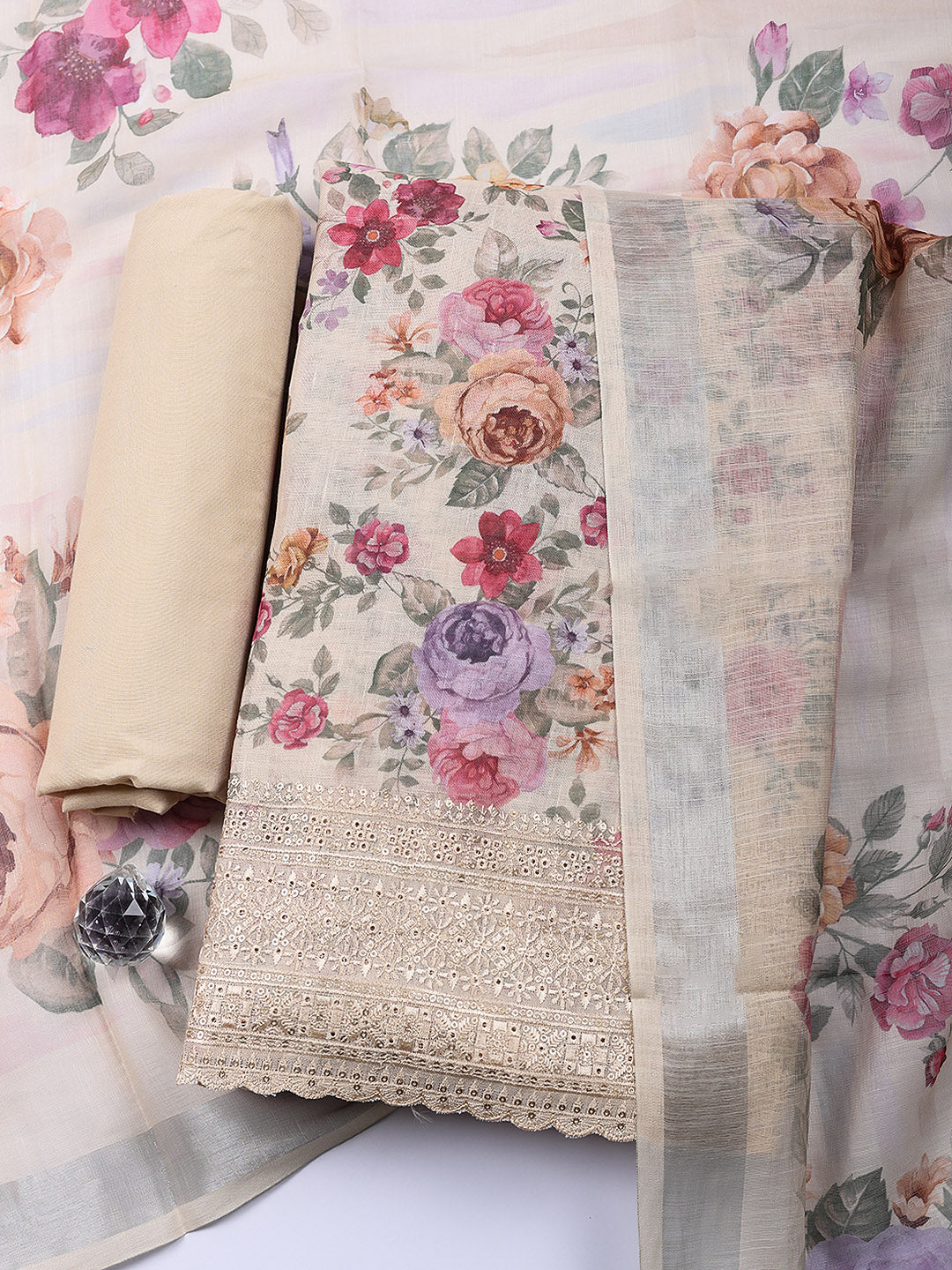 Embroidered Linen Blend Unstitched Suit With Pant &amp; Dupatta