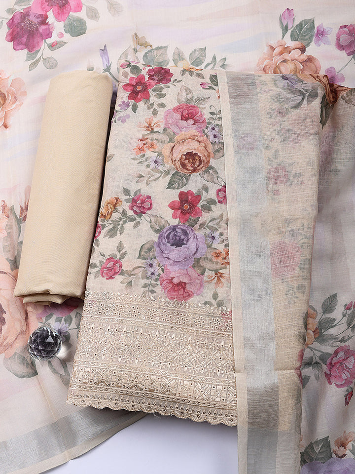 Embroidered Linen Blend Unstitched Suit With Pant &amp; Dupatta