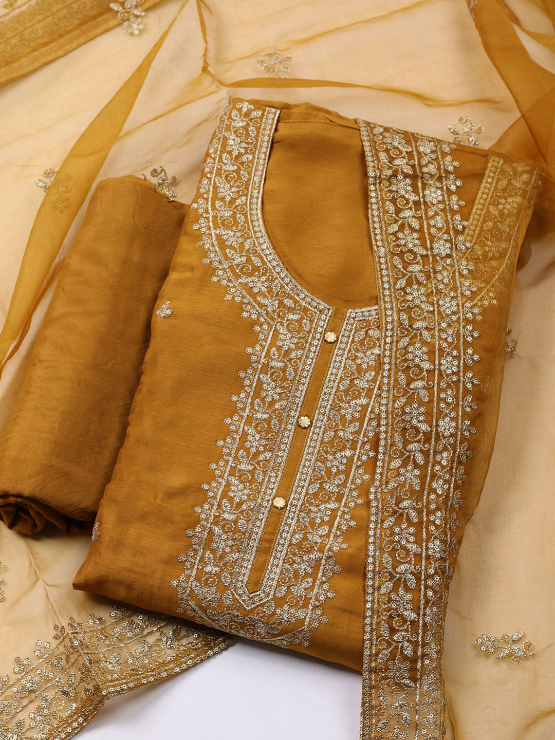 Neck Embroidered Chanderi Unstitched Suit With Dupatta