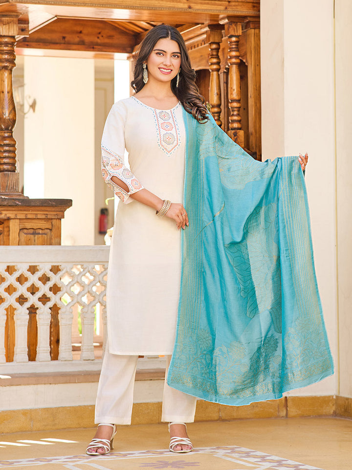 Neck Embroidery Cotton Blend Kurta With Pants &amp; Dupatta