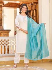 Neck Embroidery Cotton Blend Kurta With Pants & Dupatta