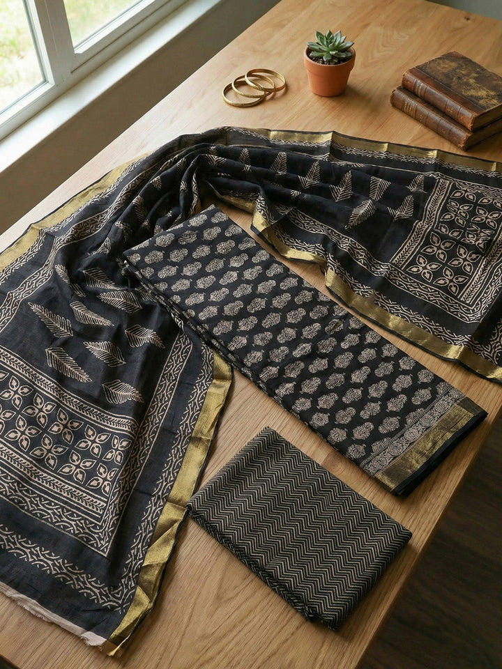 Printed Cotton Blend Unstitched Suit With Pant &amp; Dupatta