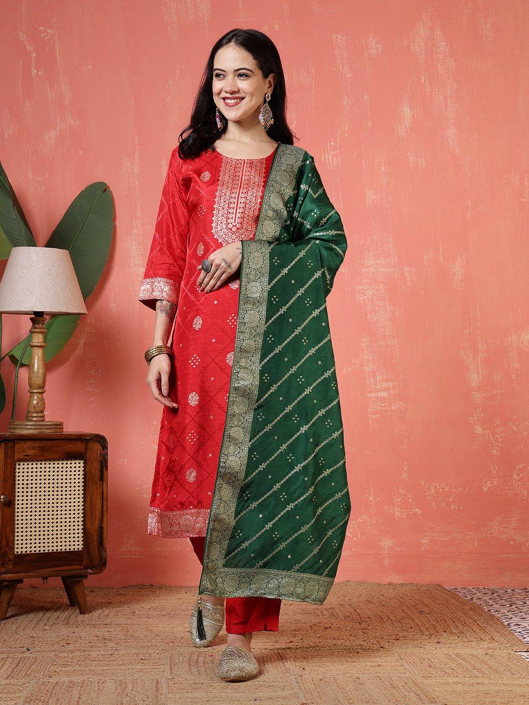 Banarasi Weave Tissue Kurta With Pants & Dupatta