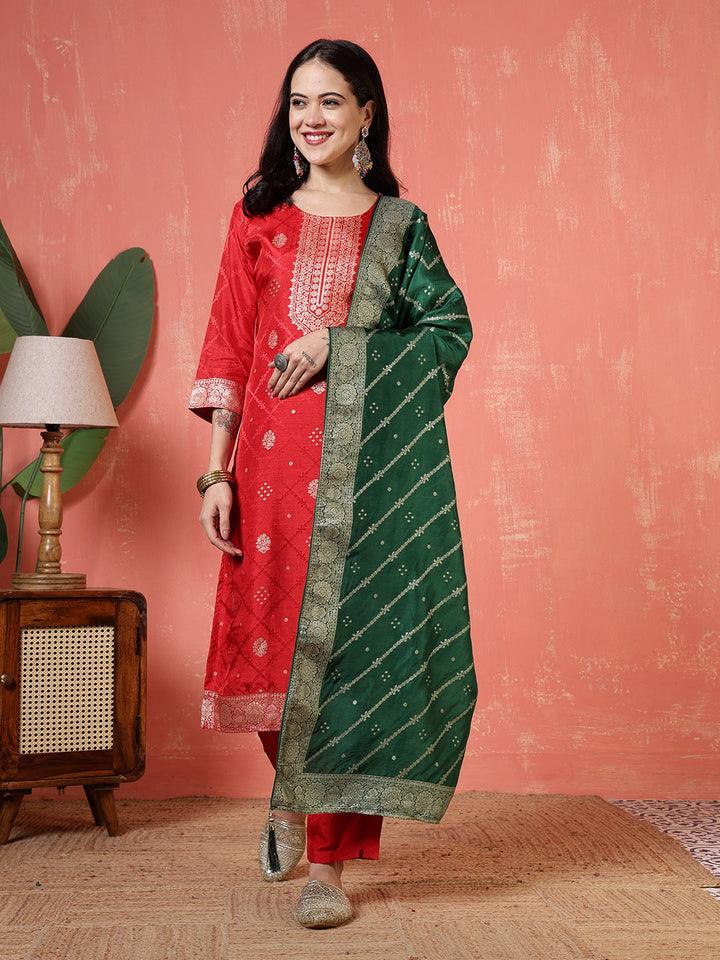 Banarasi Weave Tissue Kurta With Pants &amp; Dupatta