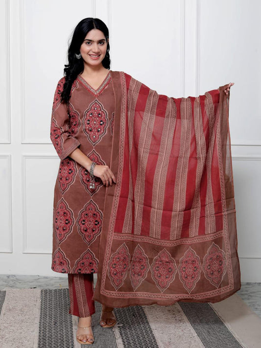 Printed Cotton Blend Kurta With Pants & Dupatta