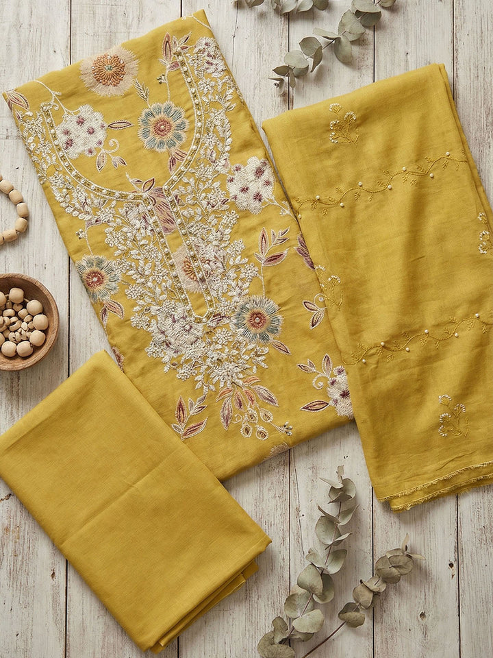 Embroidered Chanderi Unstitched Suit With Pant &amp; Dupatta