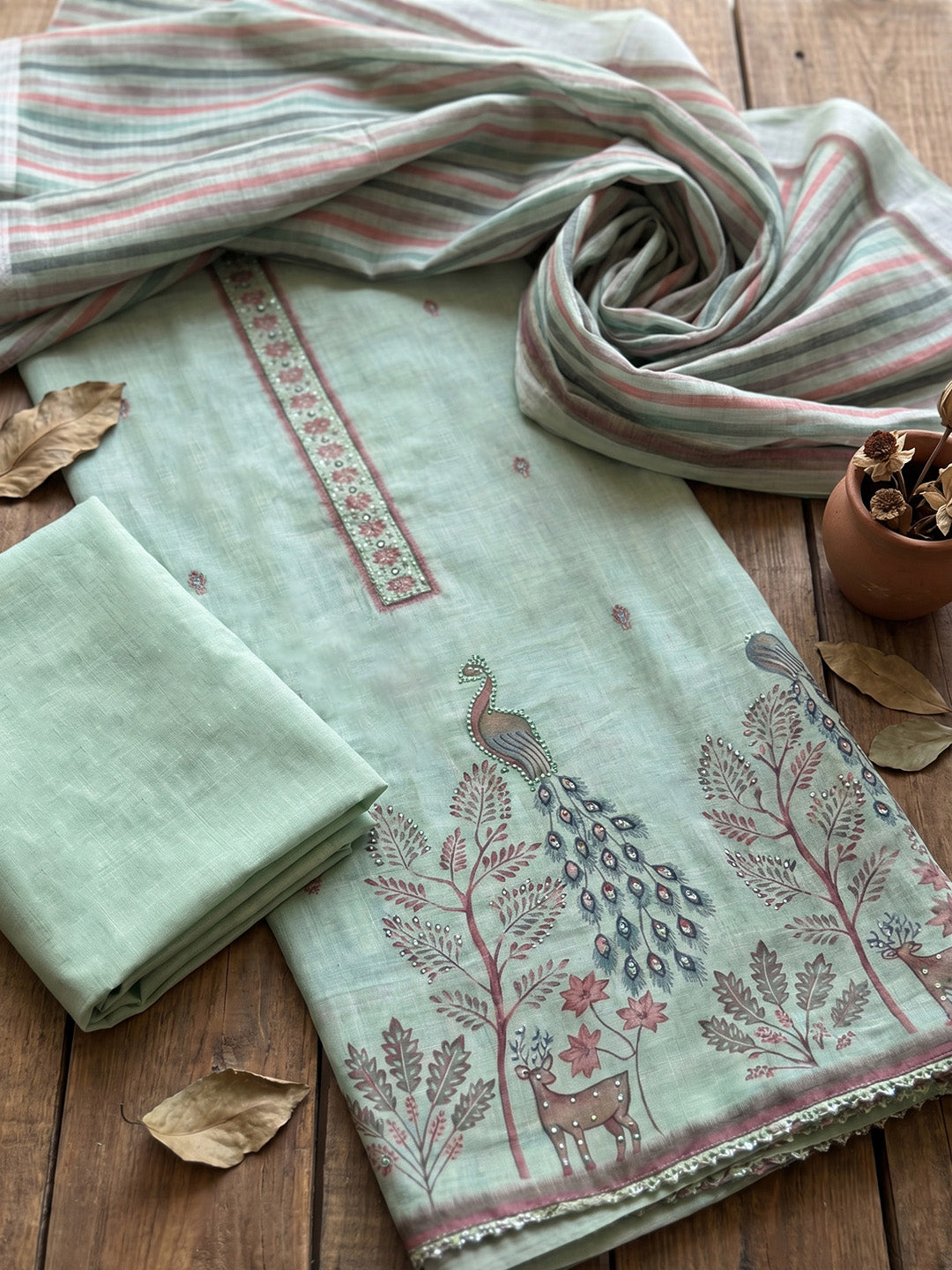 Printed Cotton Blend Unstitched Suit With Pant &amp; Dupatta