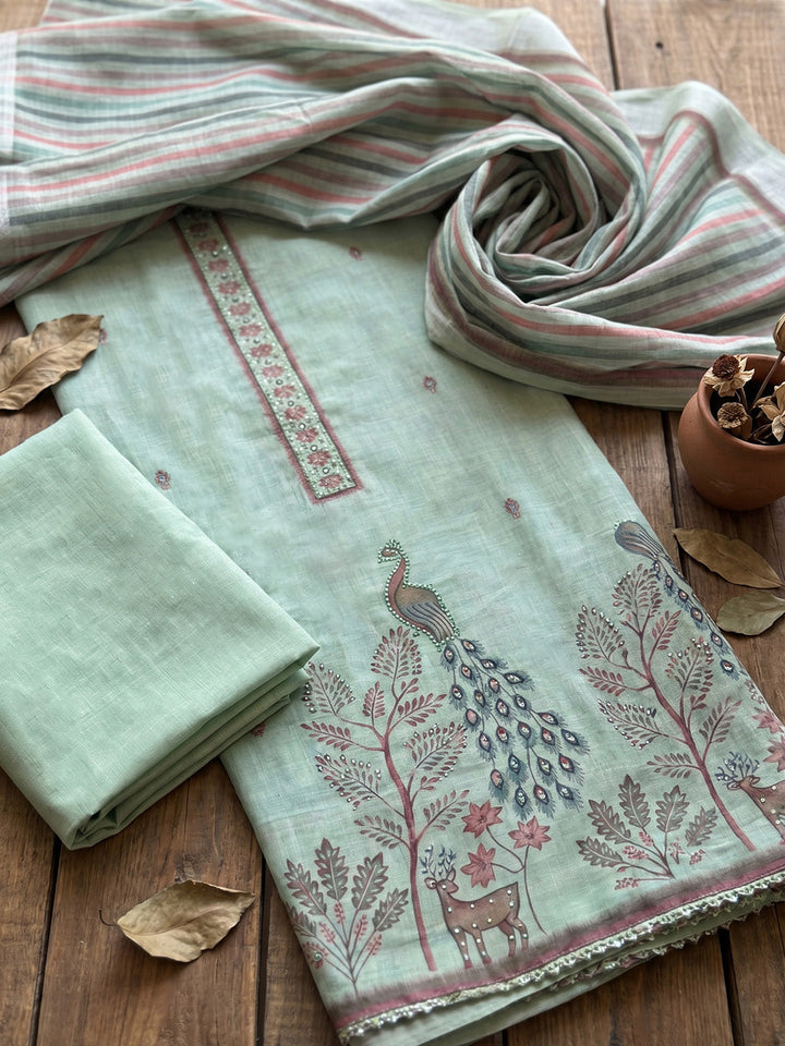 Printed Cotton Blend Unstitched Suit With Pant &amp; Dupatta