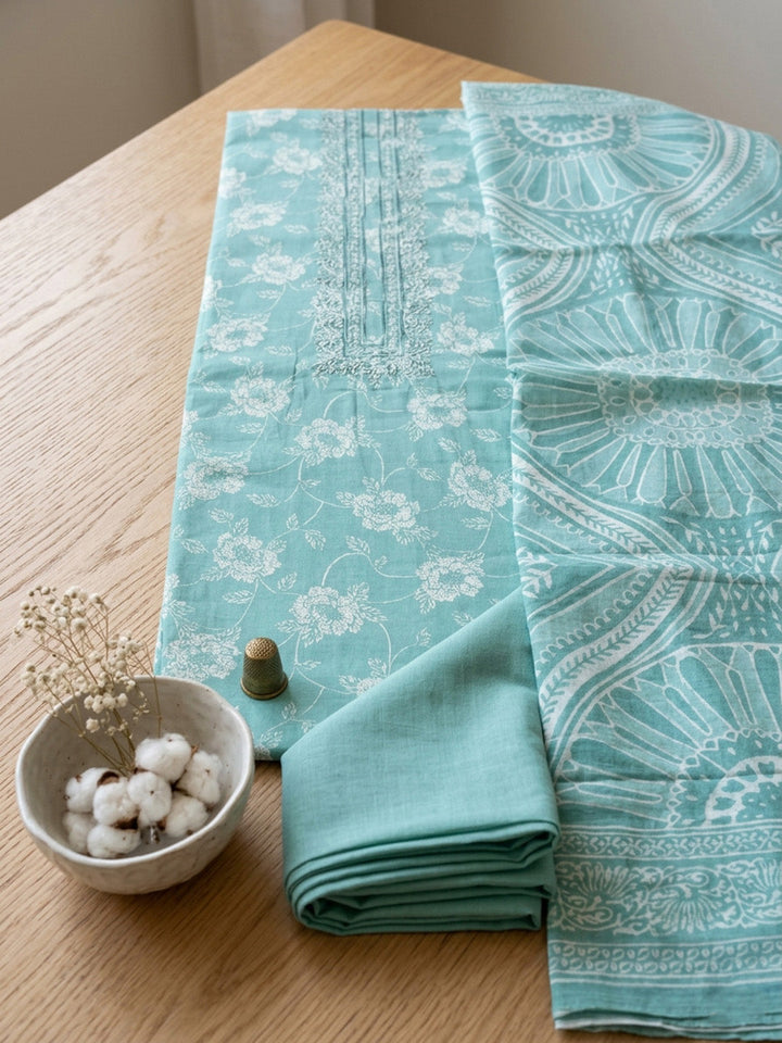 Printed Cotton Blend Unstitched Suit With Pant &amp; Dupatta