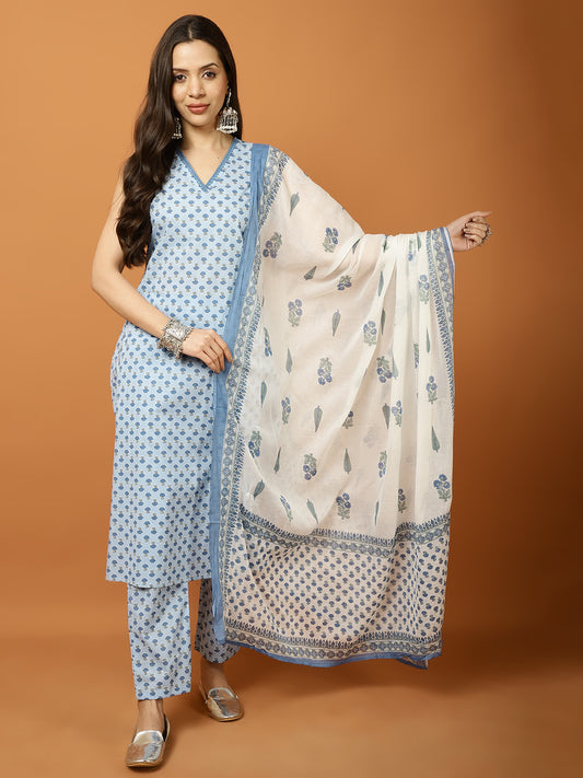 Printed Cotton Blend Suit Set with Dupatta