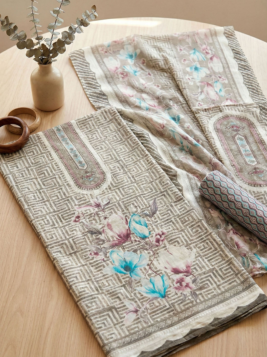 Embroidered Cotton Blend Unstitched Suit With Pant &amp; Dupatta