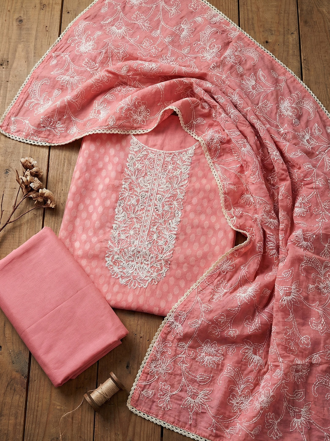Printed Cotton Blend Unstitched Suit With Pant &amp; Dupatta