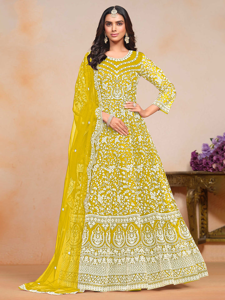 Embroidered Net Semi Stitched Kurta With Salwar &amp; Dupatta
