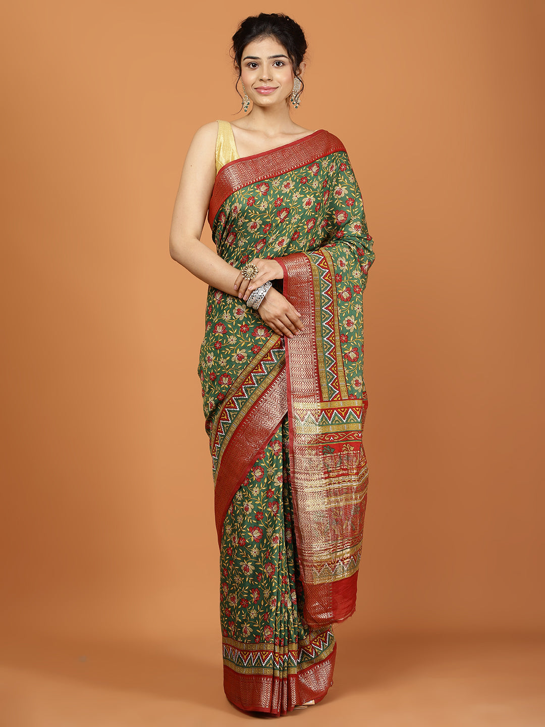 Floral Zari Border Printed Art Silk Woven Saree