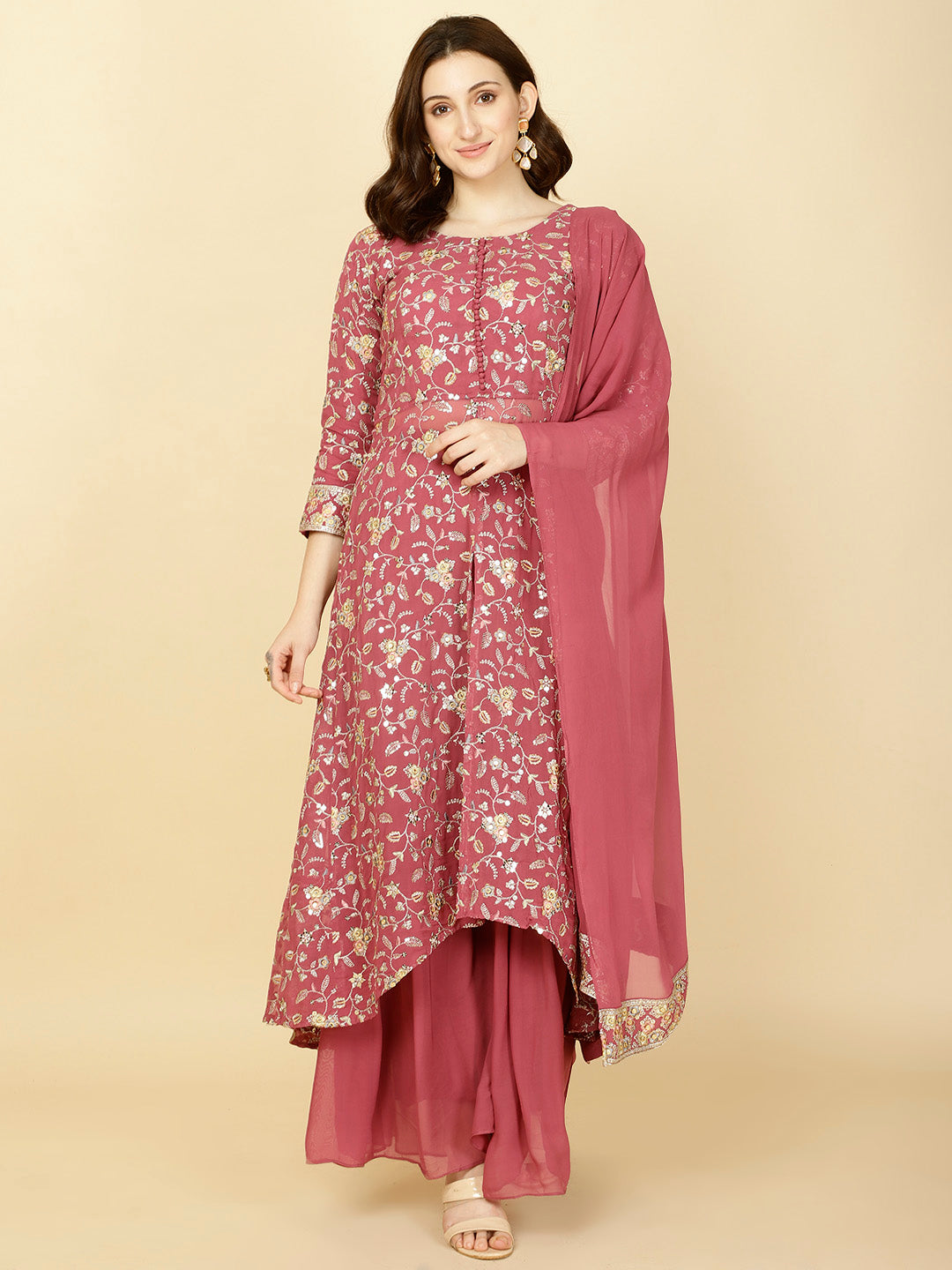 Resham Sequin Embroidery Georgette Kurta With Sharara & Dupatta