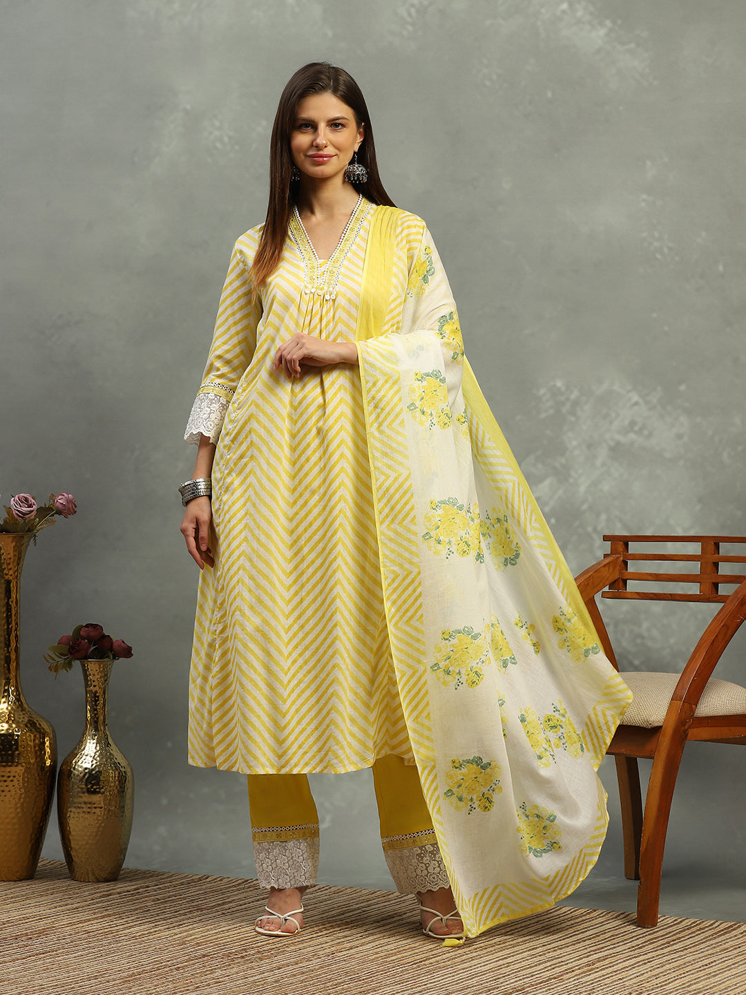 Printed Cotton Blend Kurta With Pants & Dupatta