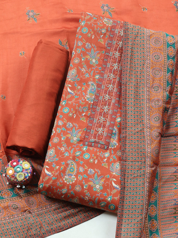 Printed Cotton Blend Unstitched Suit With Pant &amp; Dupatta