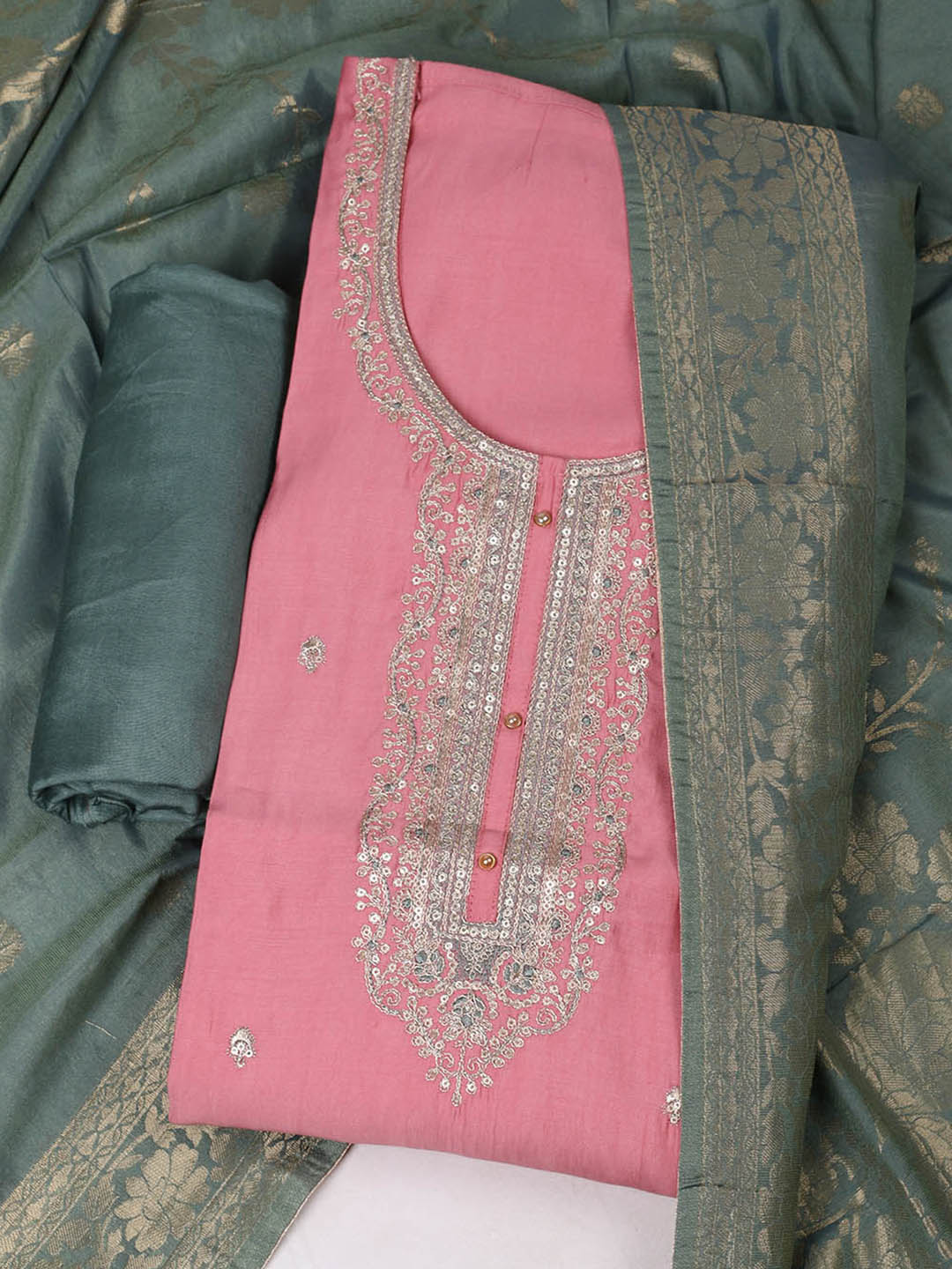 Embroidered Chanderi Mehndi Unstitched Suit With Pant &amp; Dupatta