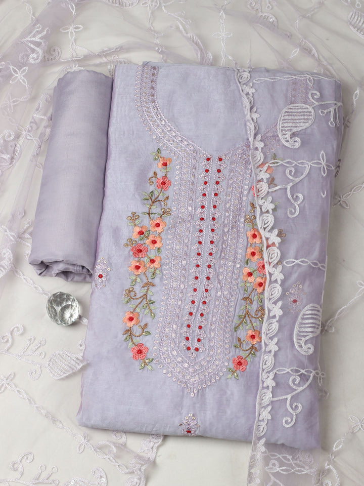Embroidered Chanderi Unstitched Suit With Pant &amp; Dupatta