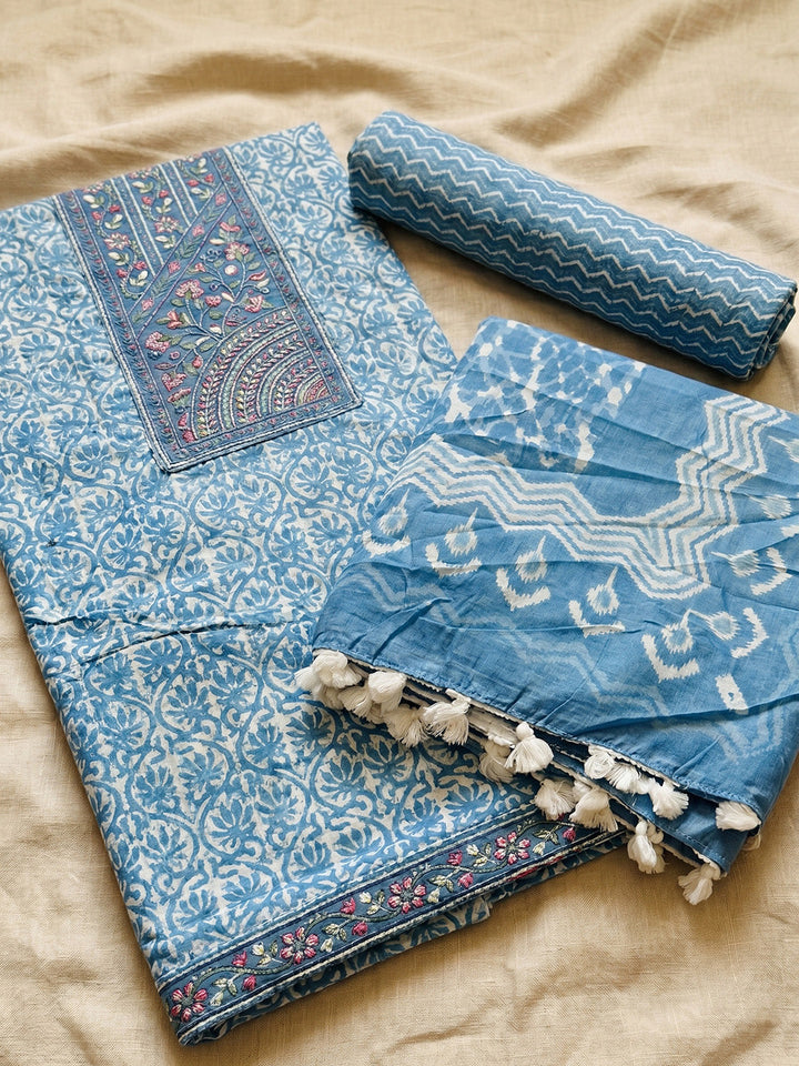Printed Cotton Blend Unstitched Suit With Pant &amp; Dupatta