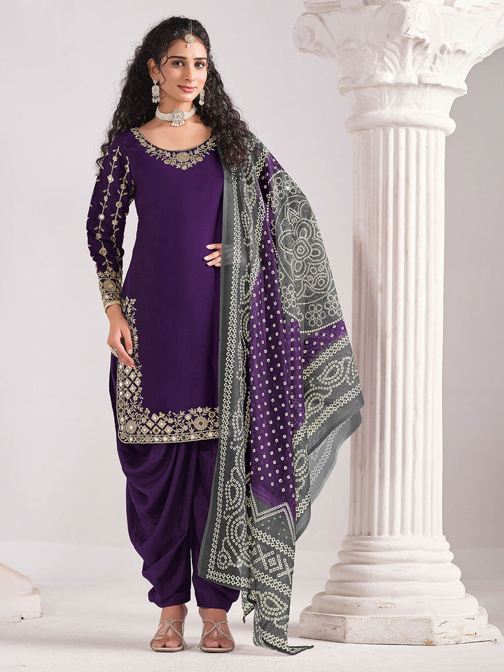 Embroidered Art Silk Semi Stitched Kurta With Patiala Salwar &amp; Dupatta