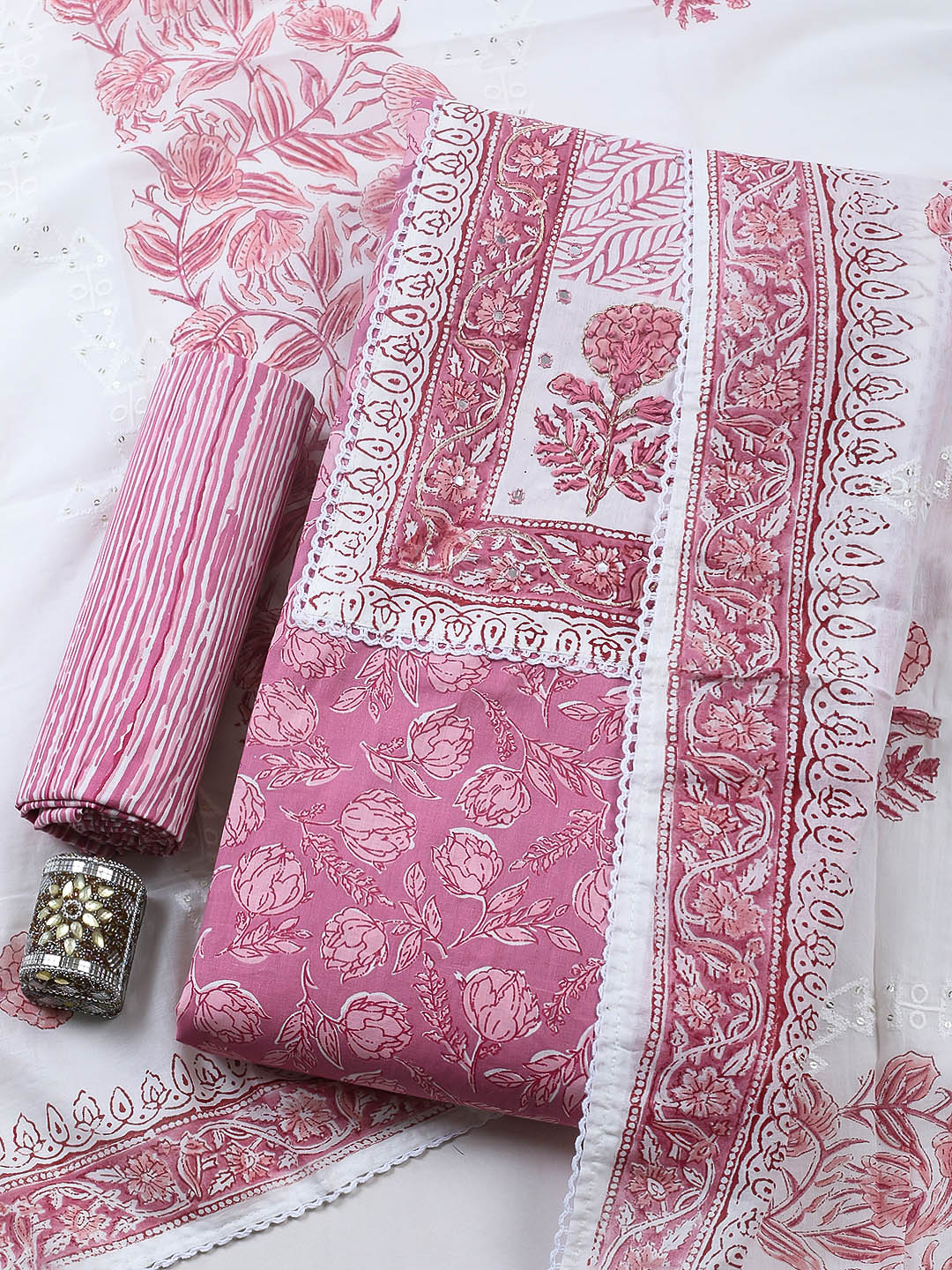 Embroidered Cotton Blend Unstitched Suit With Pant &amp; Dupatta