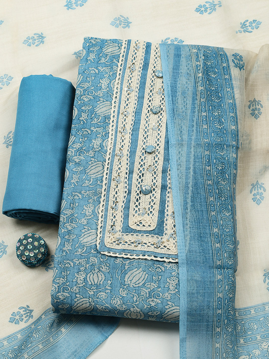 Embroidered Cotton Blend Unstitched Suit With Pant &amp; Dupatta