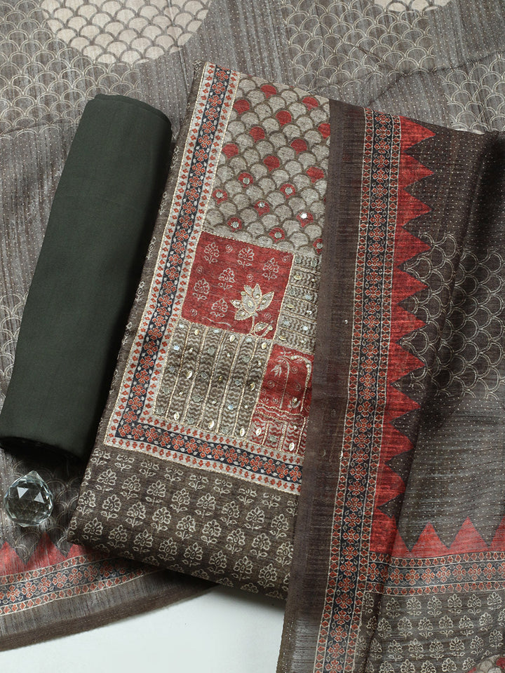 Embroidered Chanderi Unstitched Suit With Pant &amp; Dupatta