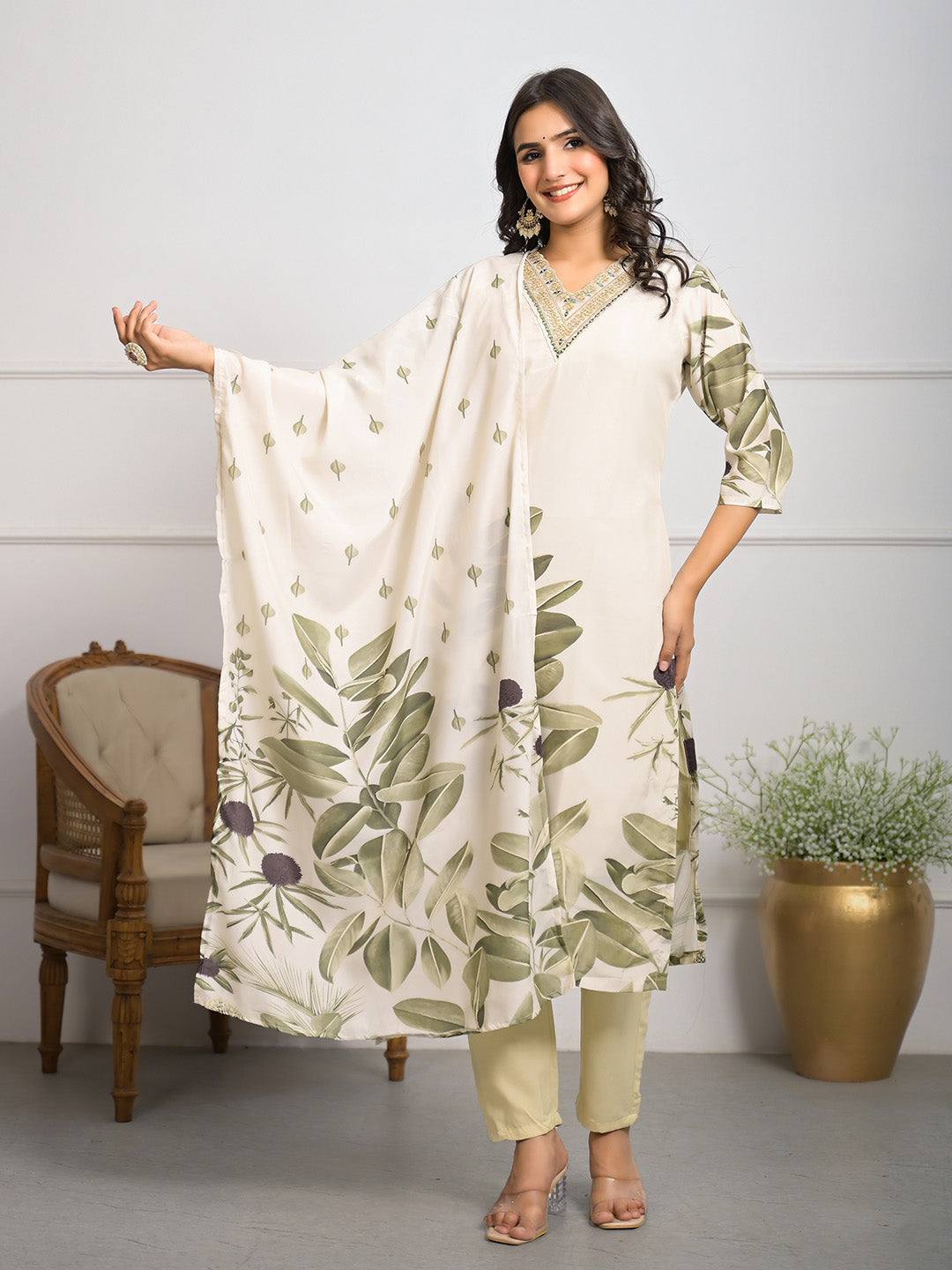 Neck Embroidered Crepe Kurta With Pants &amp; Dupatta