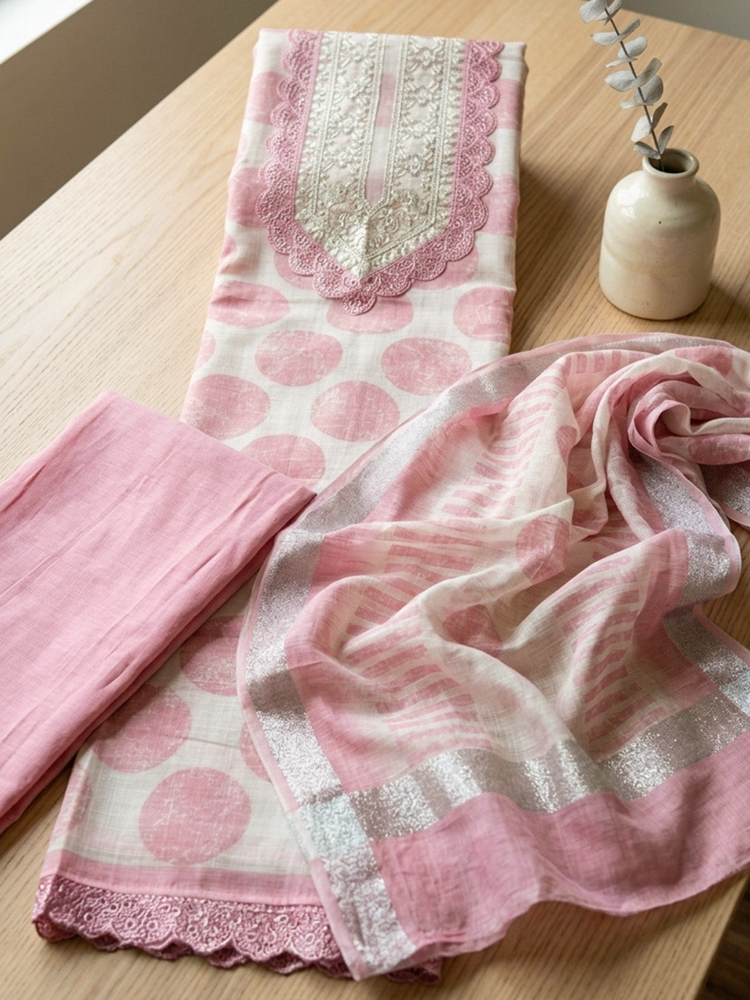 Embroidered Linen Blend Unstitched Suit With Pant &amp; Dupatta