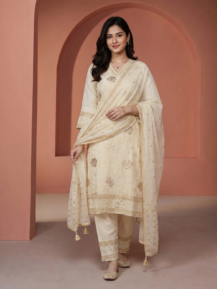 Embroidered Chanderi Suit Set With Dupatta