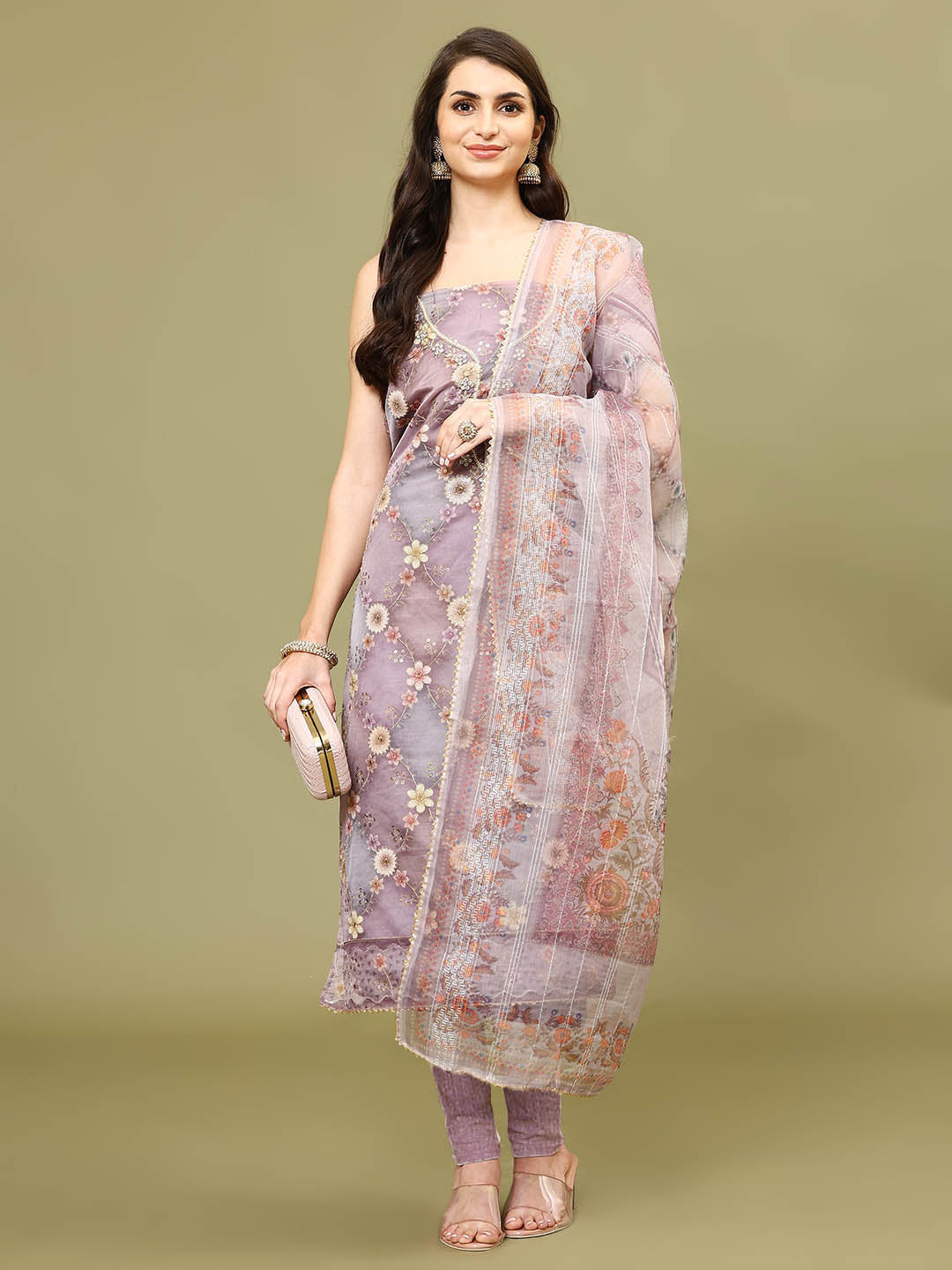 Neck Embroidered Organza Unstitched Suit Piece With Dupatta