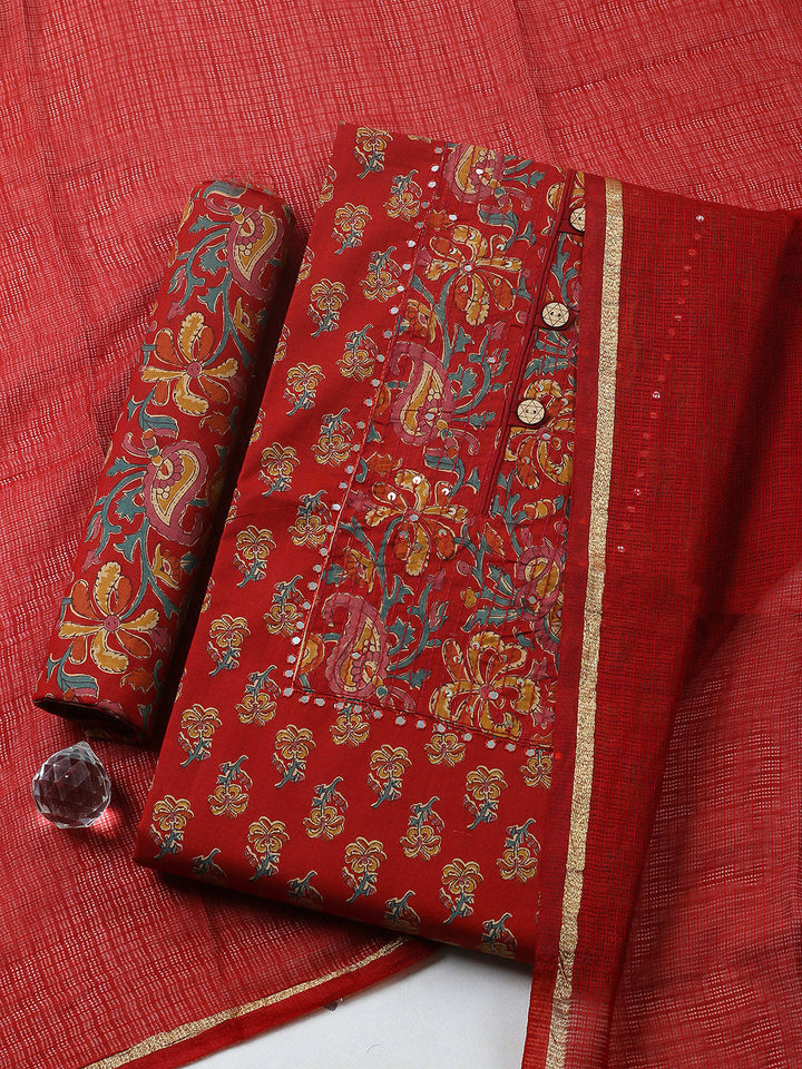 Embroidered Cotton Blend Unstitched Suit With Pant &amp; Dupatta