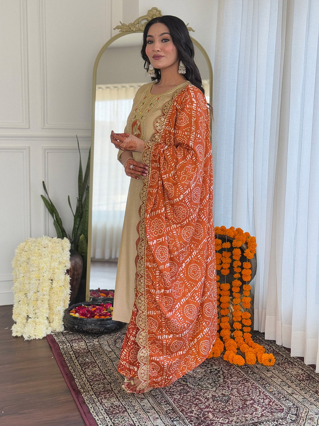 Embroidery Cotton Blend Kurta With Pants &amp; Dupatta
