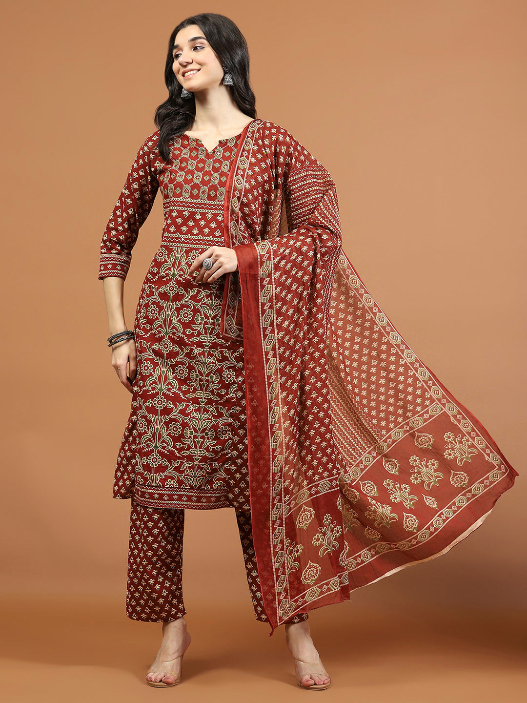 Printed Cotton Blend Kurta With Pants &amp; Dupatta