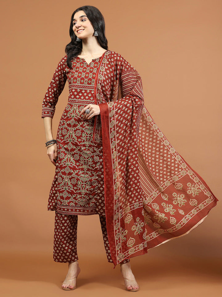 Printed Cotton Blend Kurta With Pants &amp; Dupatta