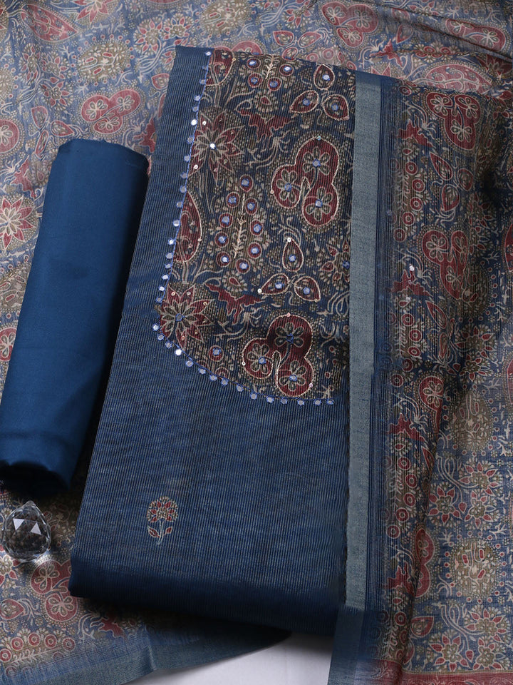 Embroidered Chanderi Unstitched Suit With Pant &amp; Dupatta