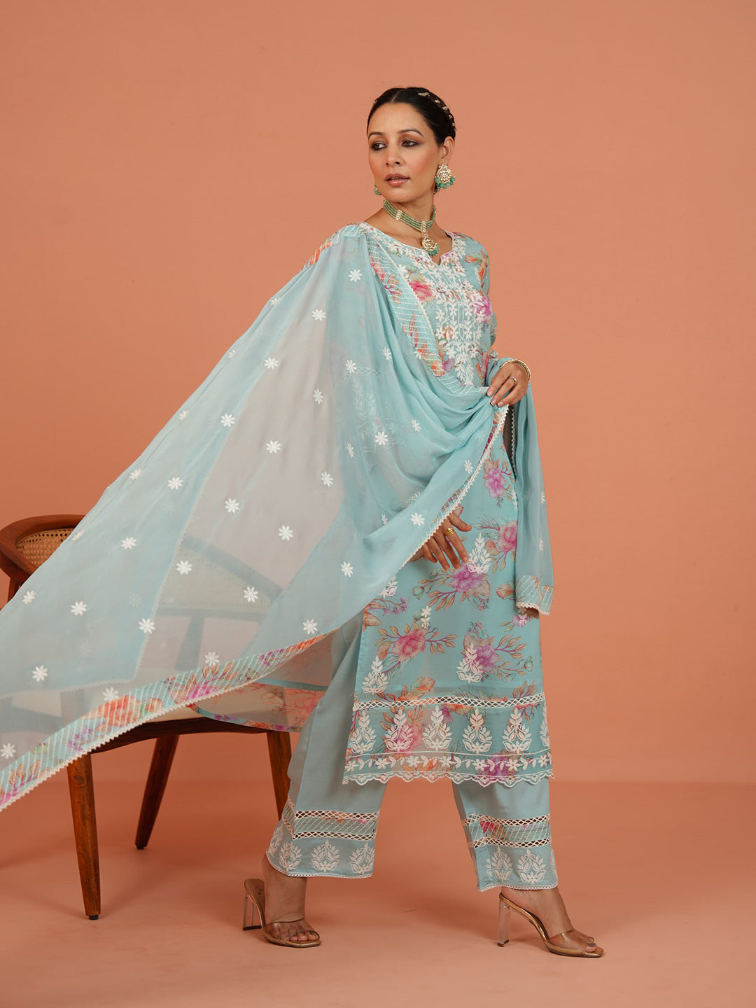 Digital Floral Printed Organza Kurta With Pants &amp; Dupatta