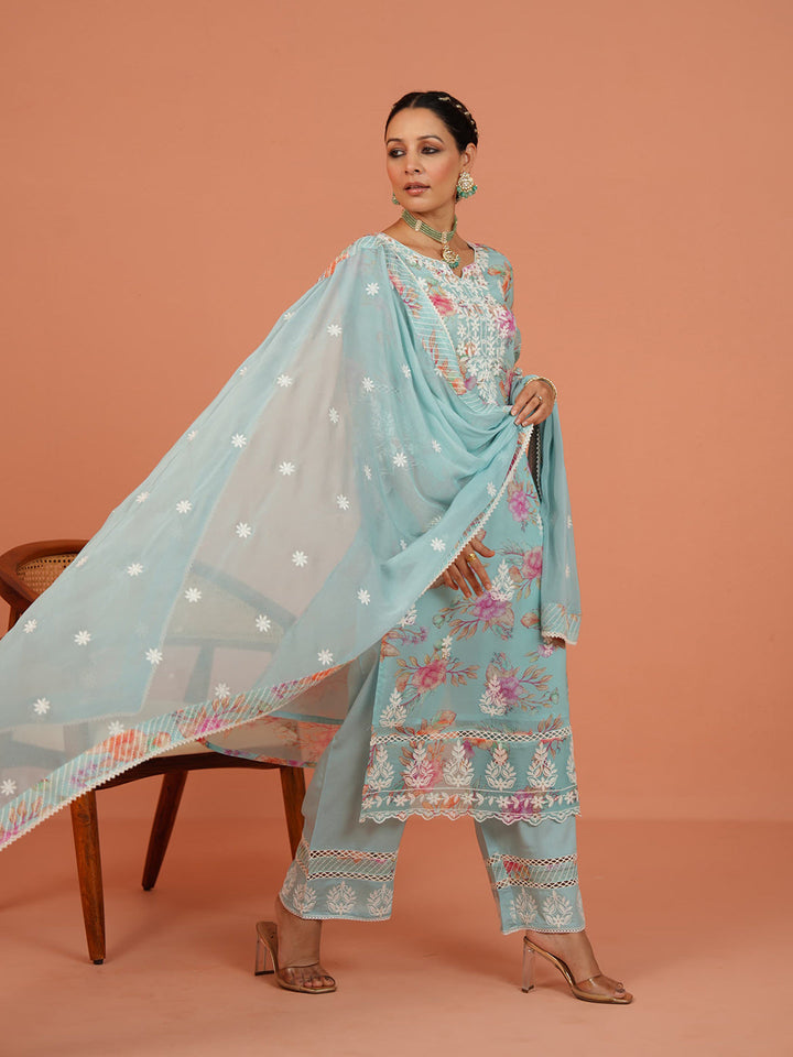 Digital Floral Printed Organza Kurta With Pants &amp; Dupatta