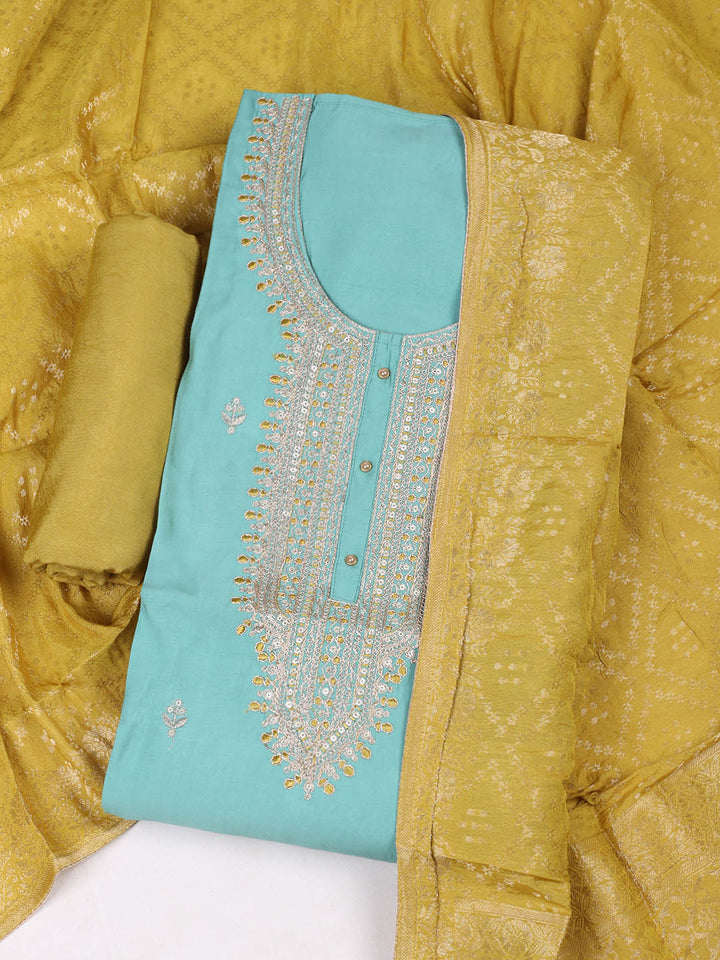 Embroidered Chanderi Unstitched Suit With Pant &amp; Dupatta