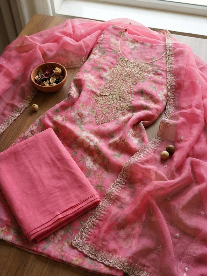 Embroidered Cotton Blend Unstitched Suit With Pant &amp; Dupatta