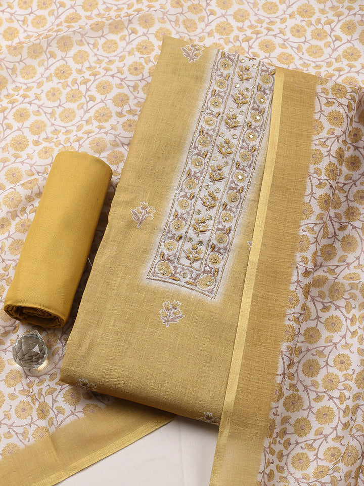 Embroidered Cotton Blend Unstitched Suit With Pant &amp; Dupatta