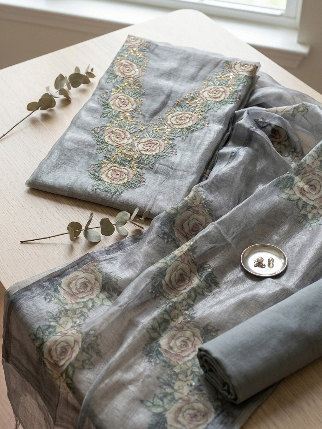 Embroidered Tissue Unstitched Suit With Pant &amp; Dupatta