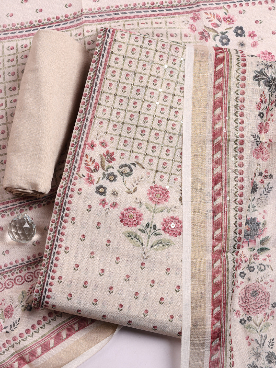Printed Linen Blend Unstitched Suit With Pant &amp; Dupatta