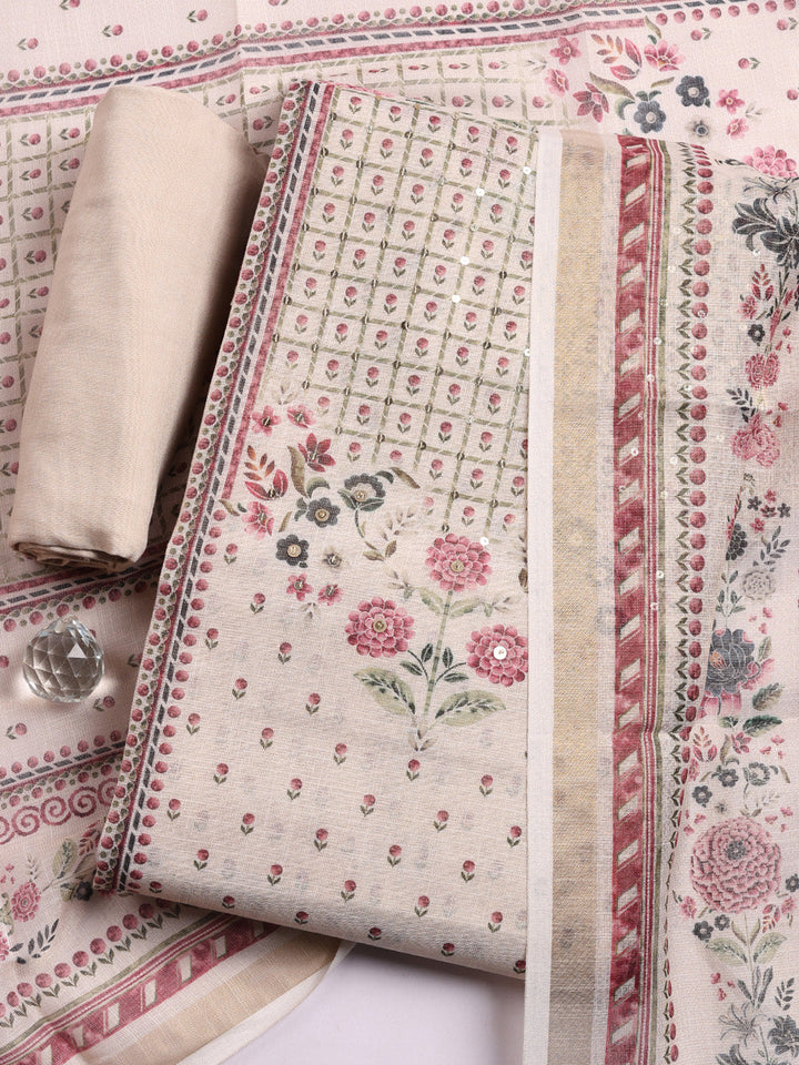 Printed Linen Blend Unstitched Suit With Pant &amp; Dupatta