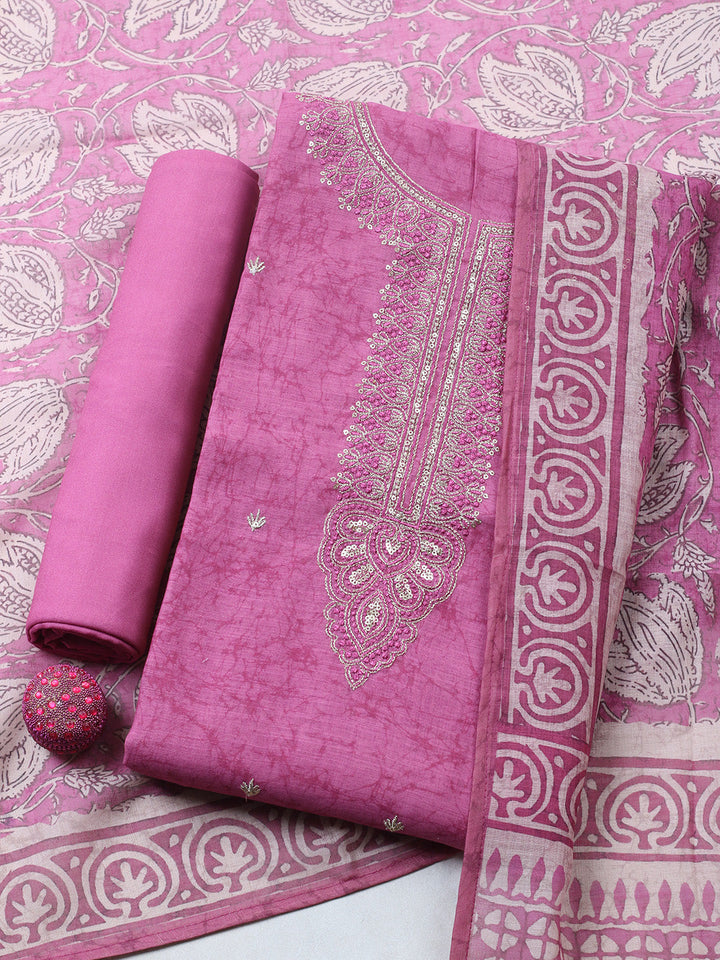 Embroidered Chanderi Unstitched Suit With Pant &amp; Dupatta