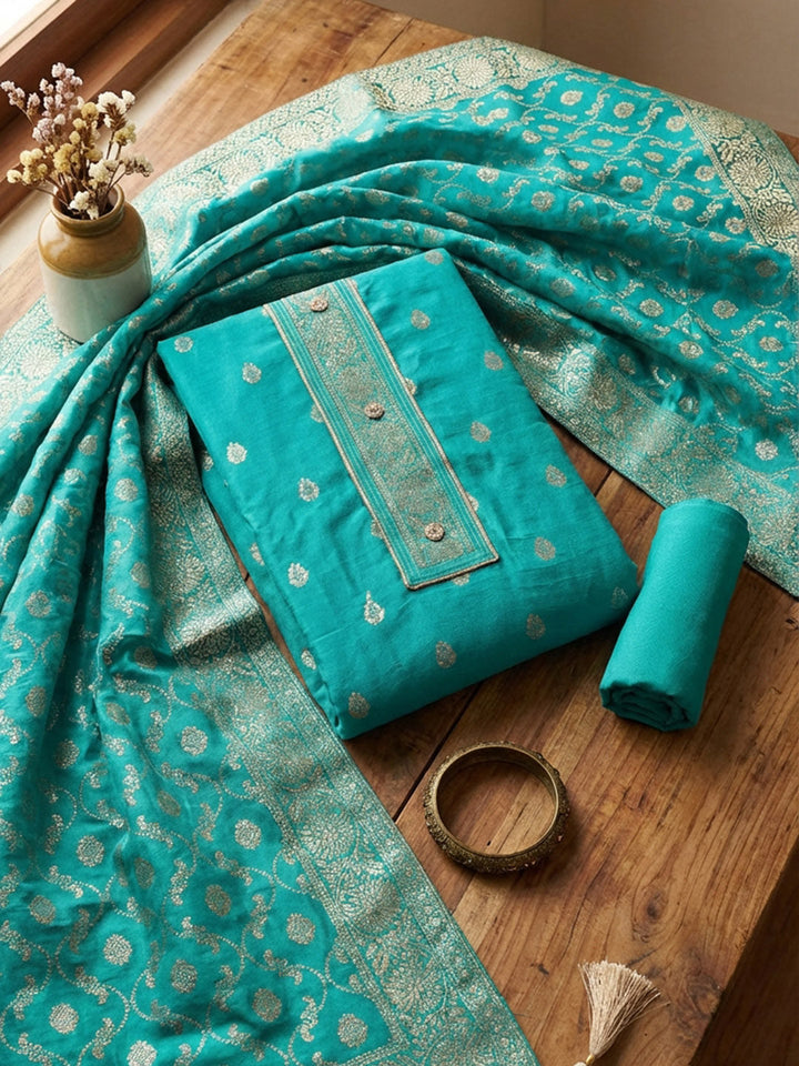 Embroidered Chanderi Unstitched Suit With Pant &amp; Dupatta