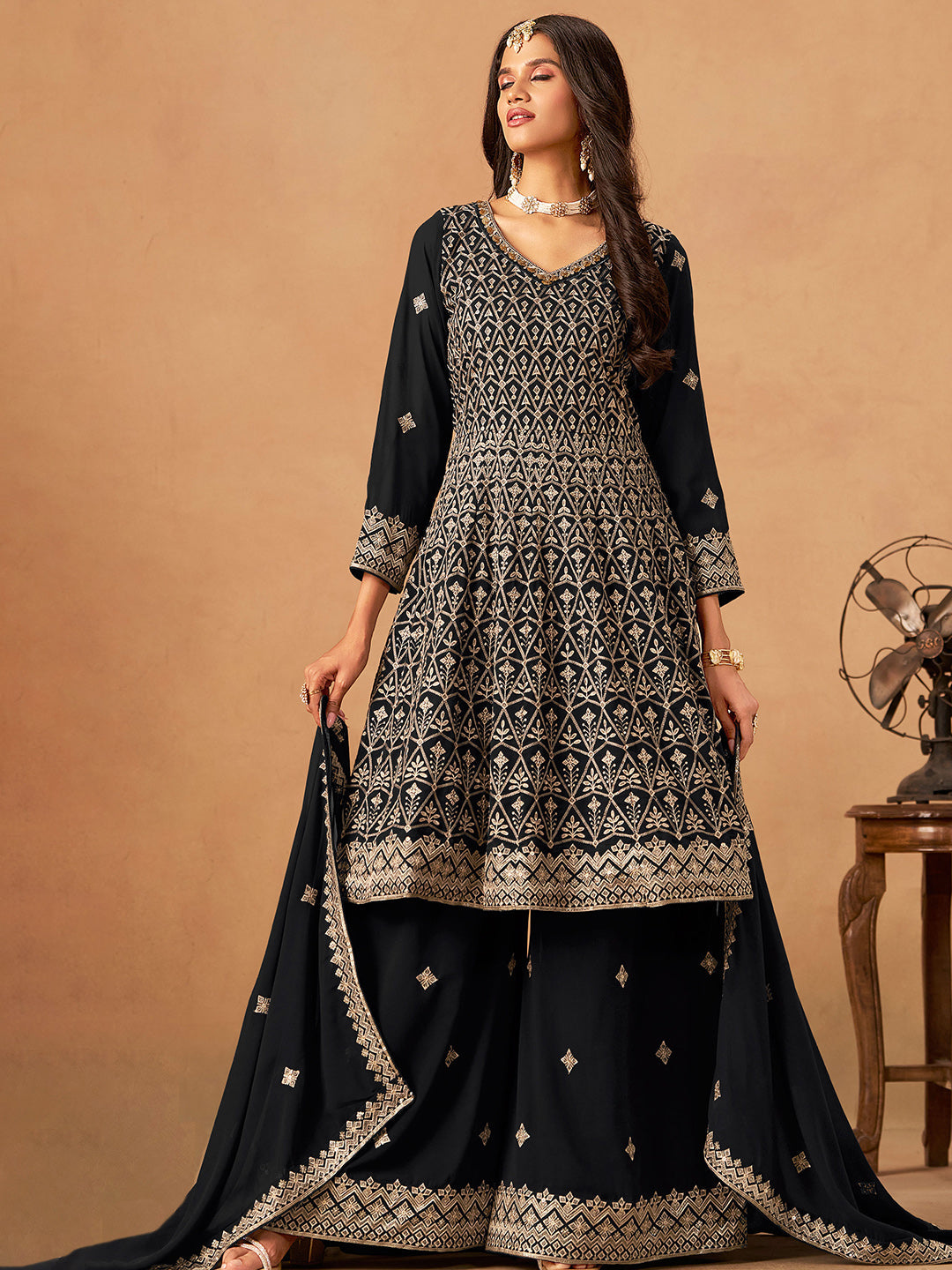 Embroidered Georgette Semi Stitched Kurta With Plazzo &amp; Dupatta
